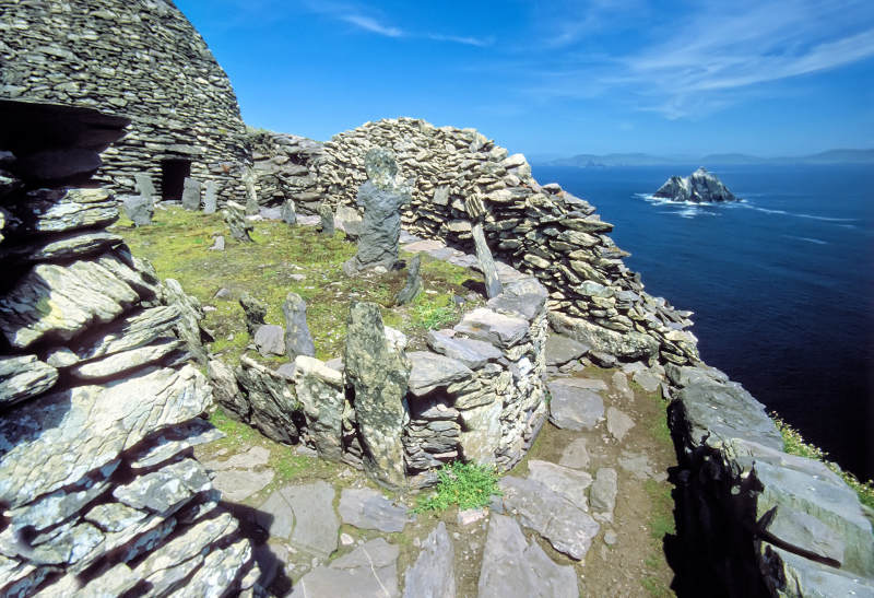 Cemetery and beehive huts in 6th century monastery, Skellig Michael, Ireland